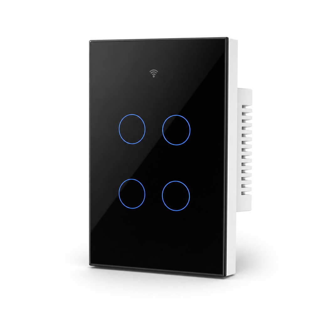NéoMatter Glass Comfort Matter US black four-channel touch switch, clean studio packshot