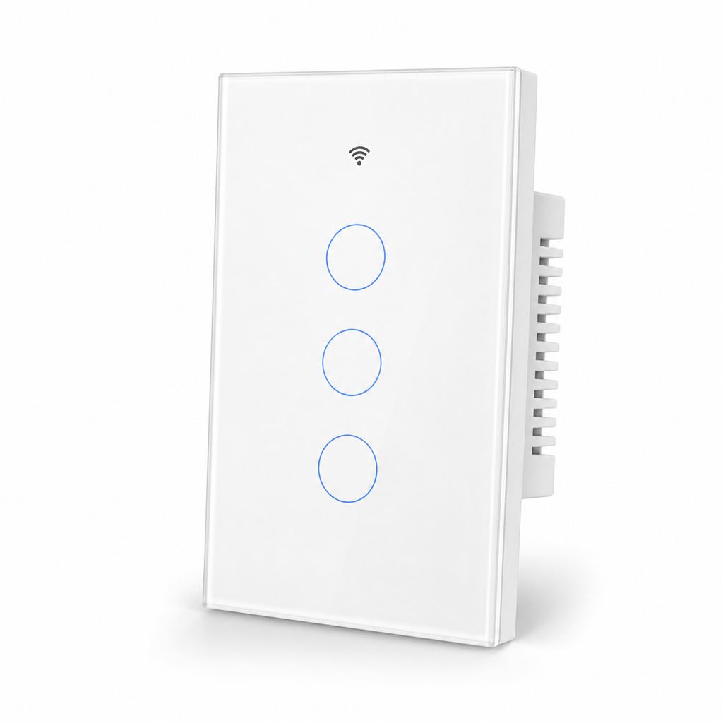 NéoMatter Glass Comfort Matter US white three-channel touch switch, clean studio packshot