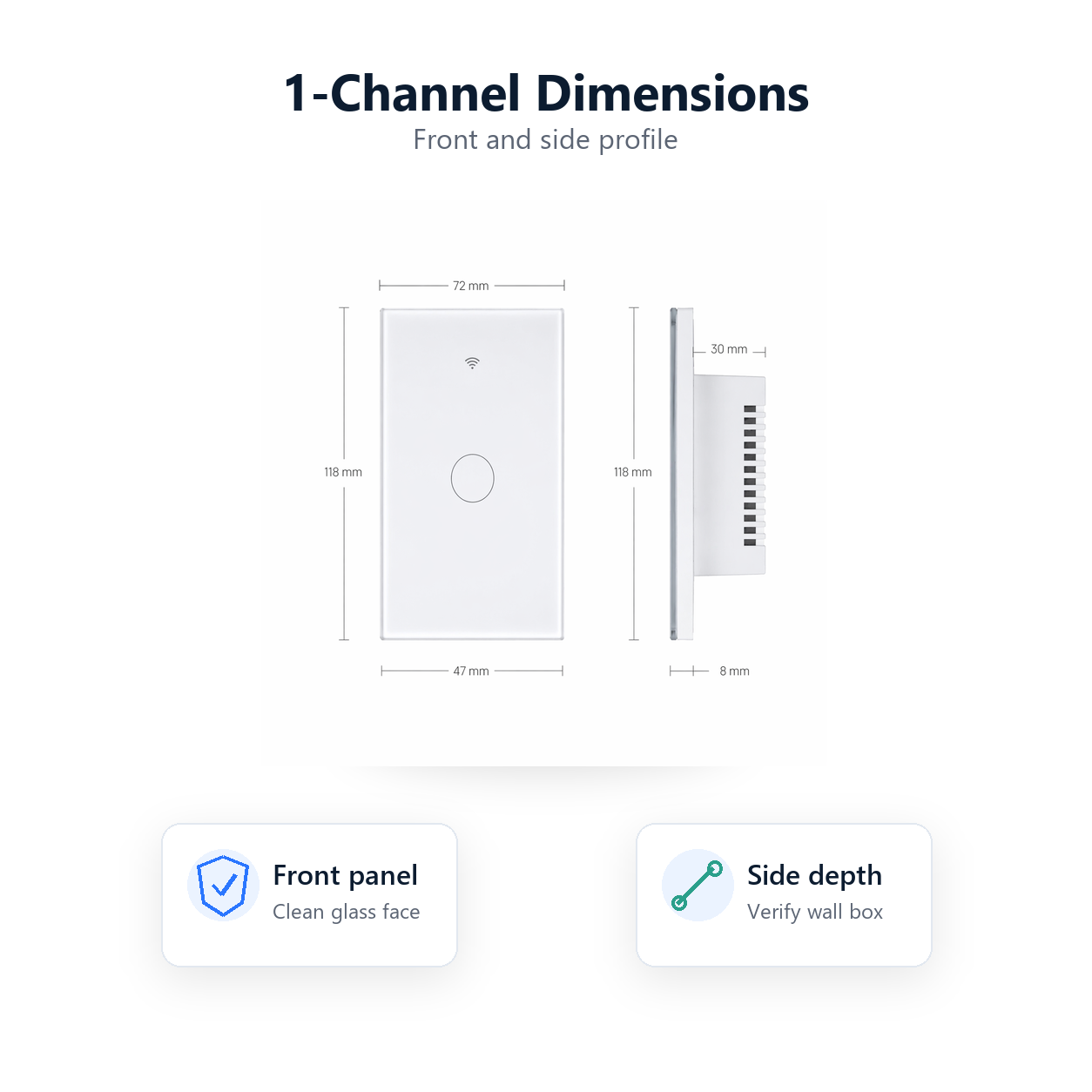 One-channel dimensions diagram for NéoMatter Glass Comfort switch
