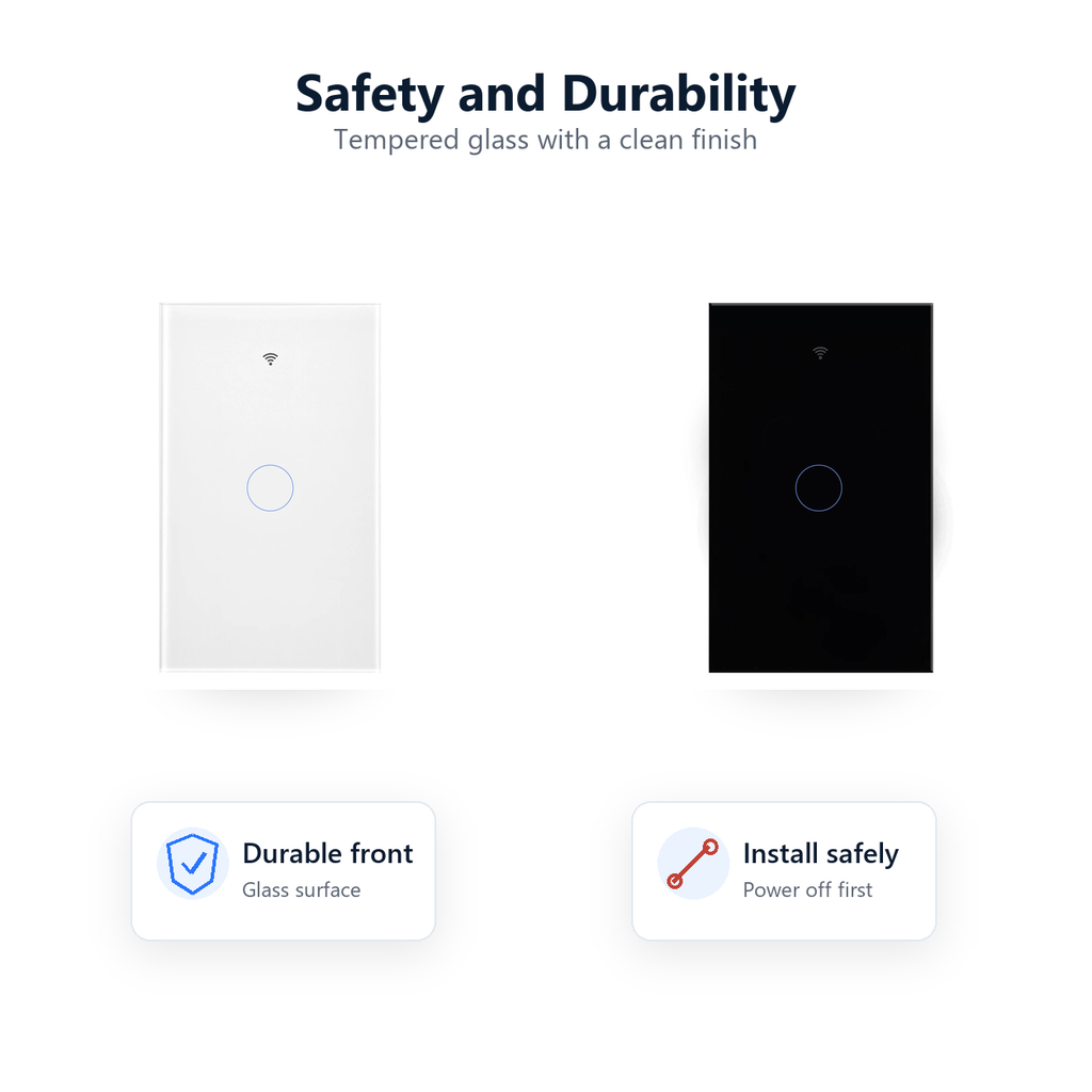 Safety and durability visual for NéoMatter Glass Comfort glass switch