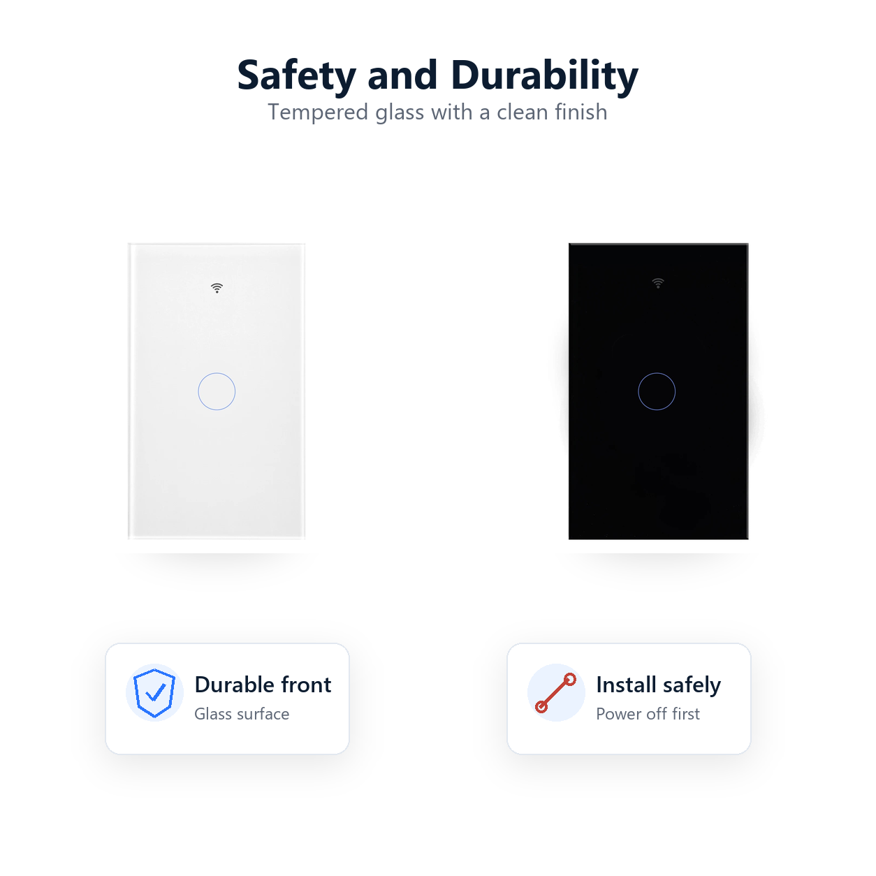 Safety and durability visual for NéoMatter Glass Comfort glass switch