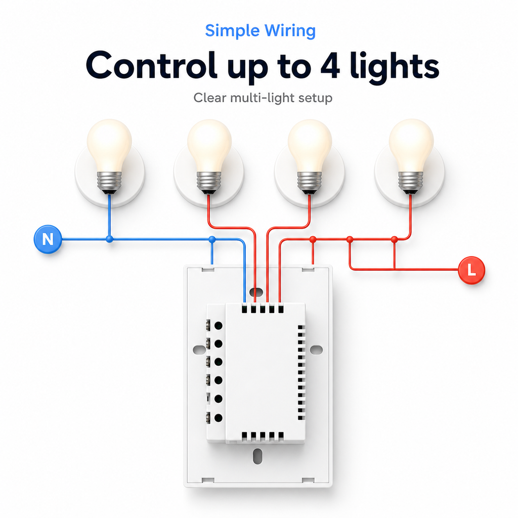 Simplified wiring diagram for controlling up to four lights with NéoMatter Glass Comfort