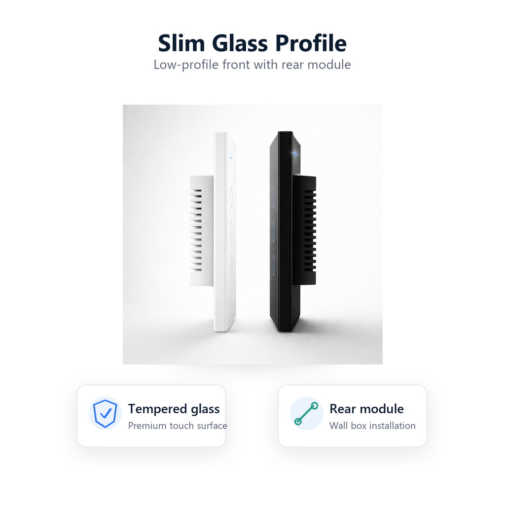 Slim side profile of black and white NéoMatter Glass Comfort touch switches