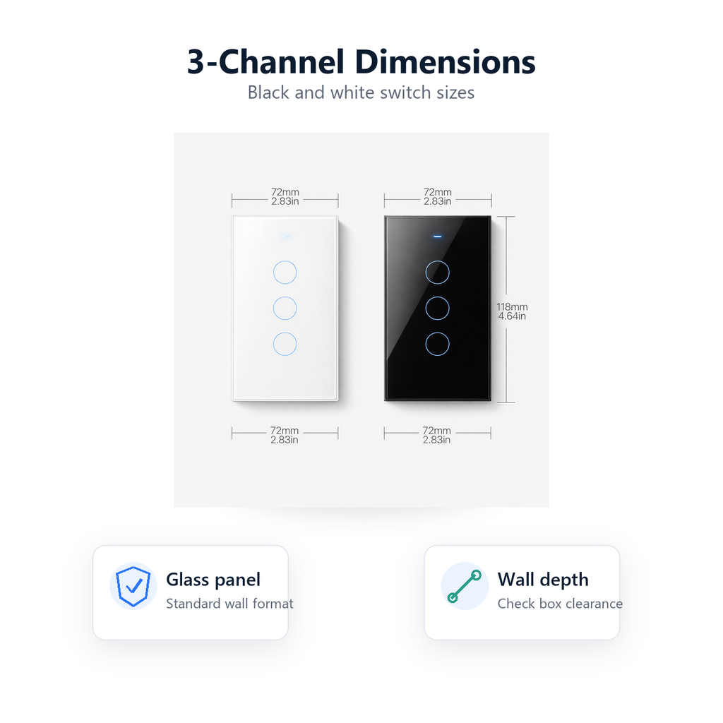 Three-channel dimensions diagram for NéoMatter Glass Comfort switch