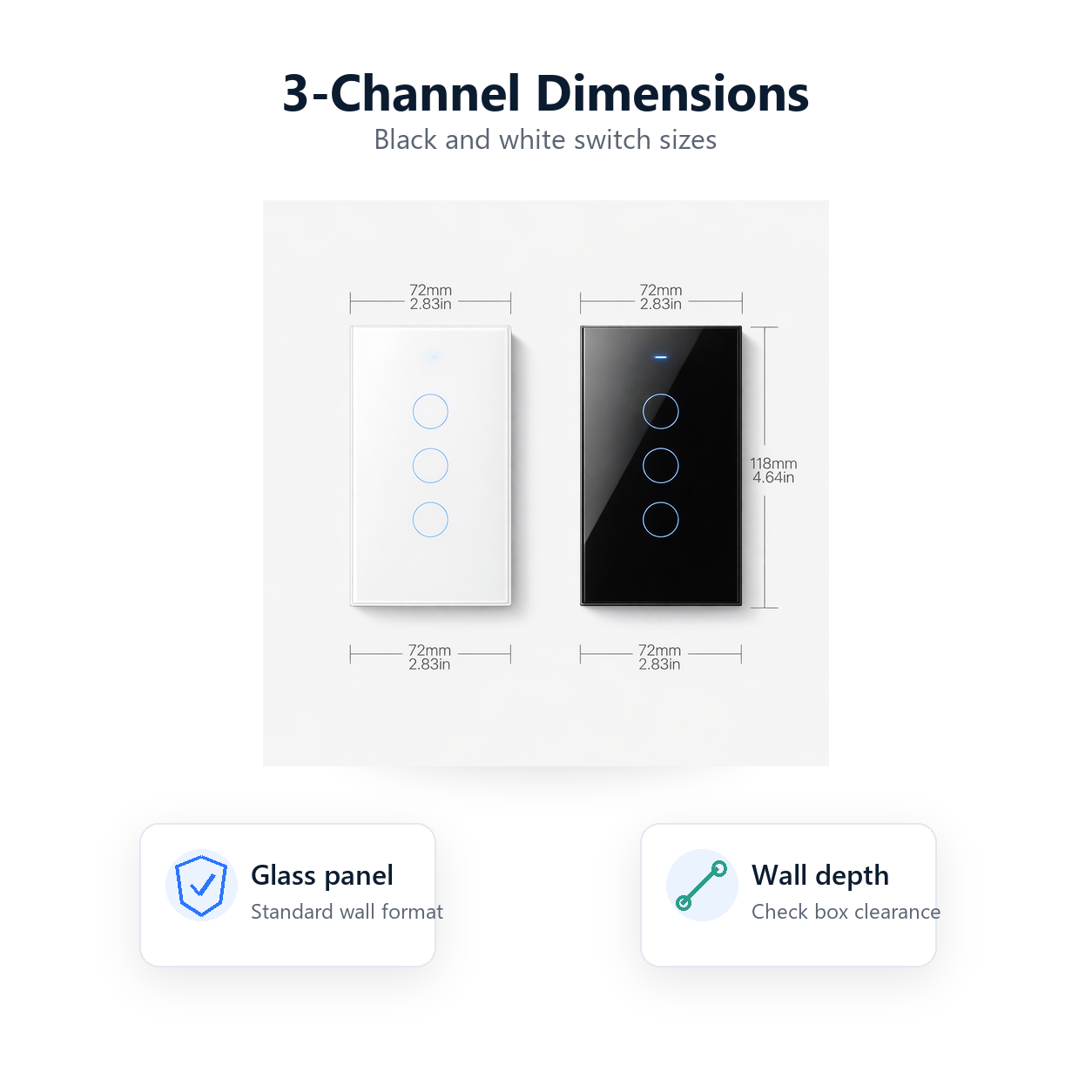 Three-channel dimensions diagram for NéoMatter Glass Comfort switch