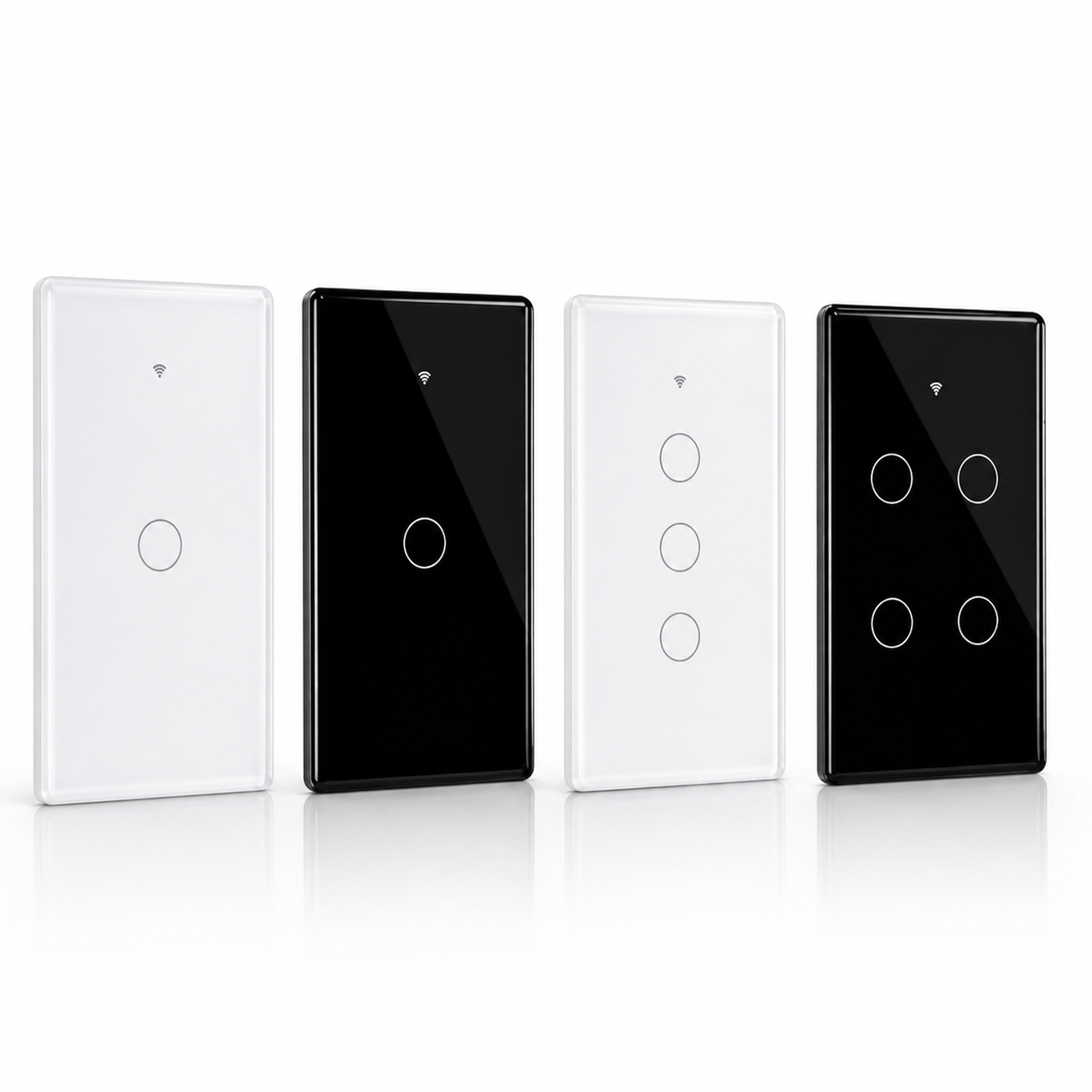 Studio packshot of black and white NéoMatter Glass Comfort touch switch variants