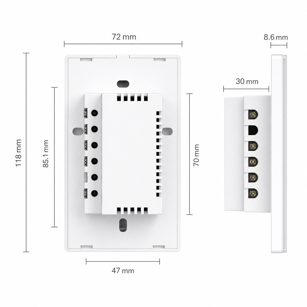 Dimensions diagram for the NéoMatter Glass Comfort wall switch module