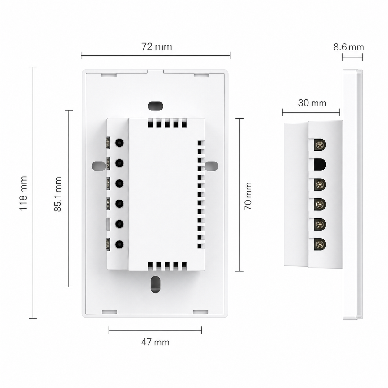 Dimensions diagram for the NéoMatter Glass Comfort wall switch module