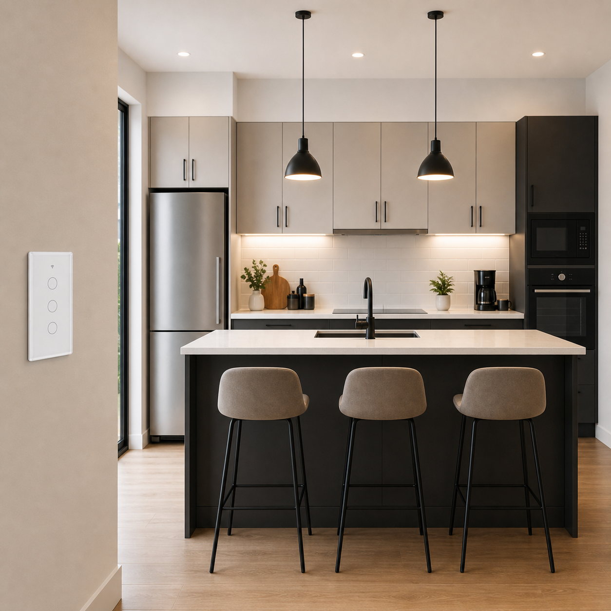 White NéoMatter glass touch switch installed in a modern kitchen