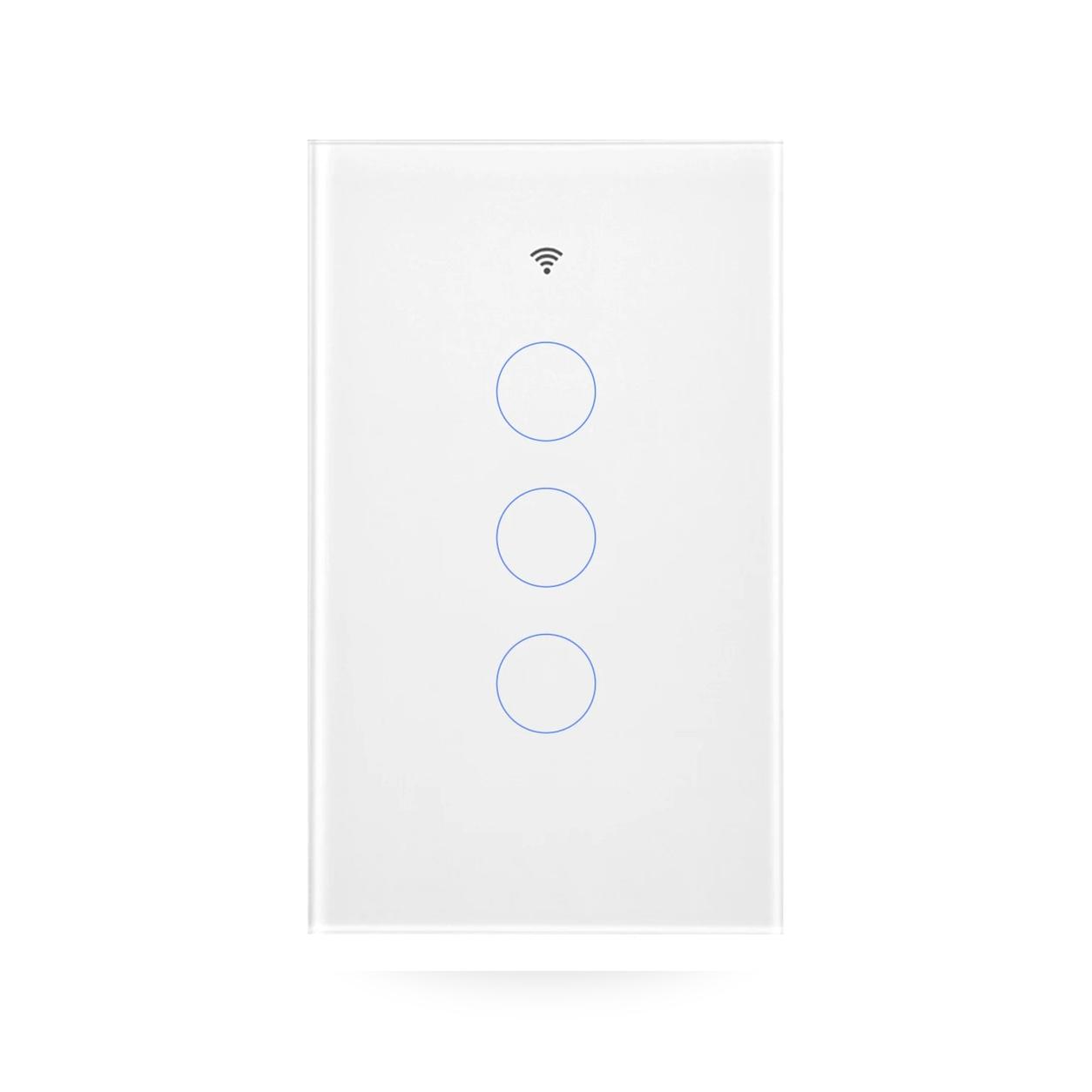Studio packshot of white NéoMatter Glass Comfort three-button touch switch
