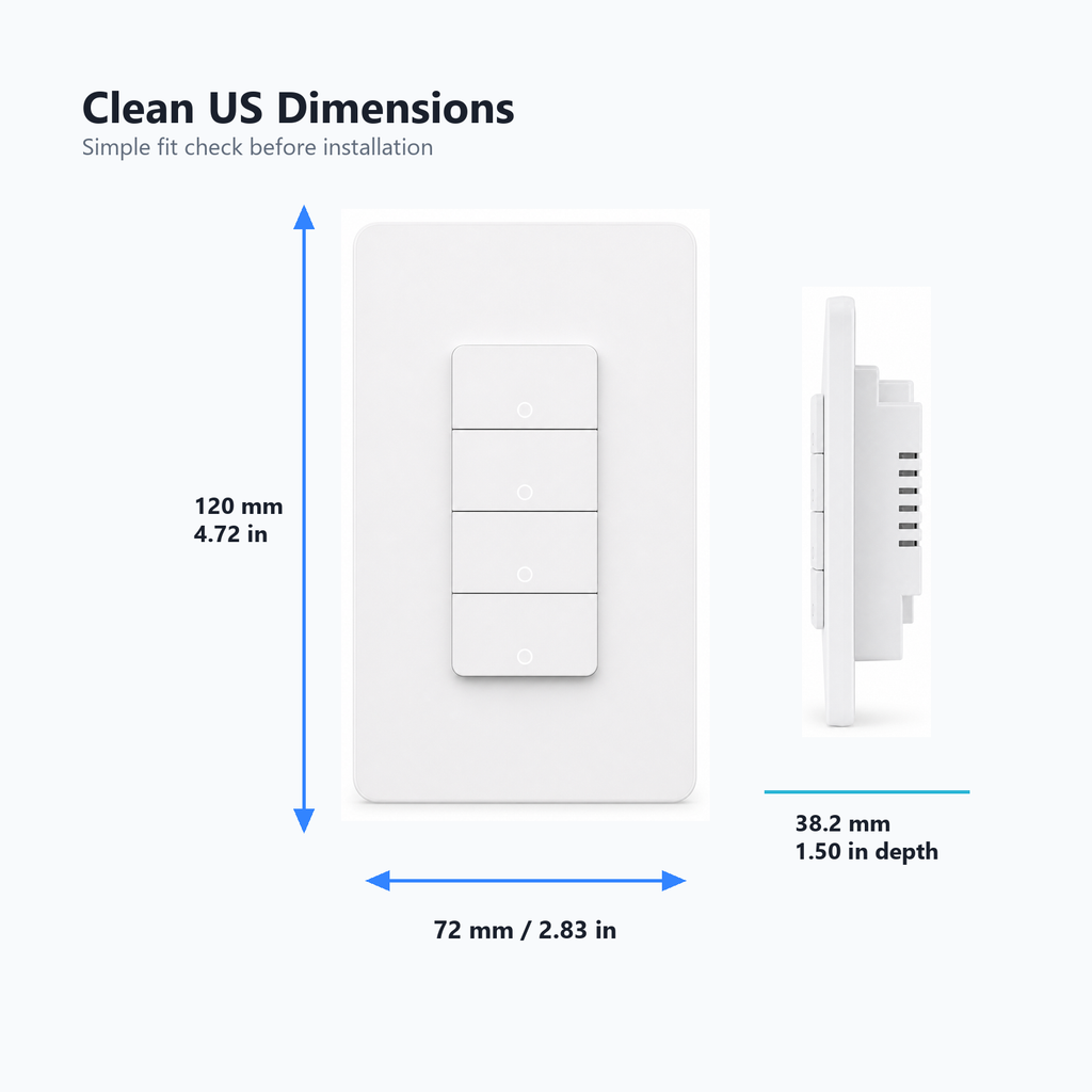 Clean dimension diagram for NéoMatter Push Comfort US wall switch