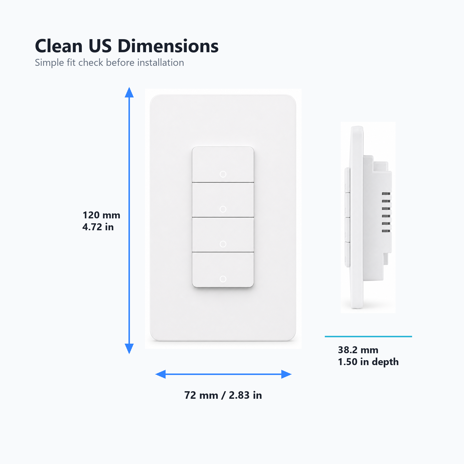 Clean dimension diagram for NéoMatter Push Comfort US wall switch