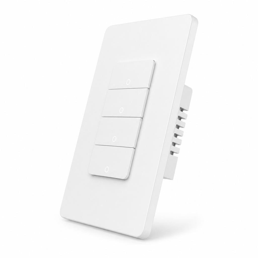Angled studio packshot of white NéoMatter Push Comfort US four-button Matter WiFi switch