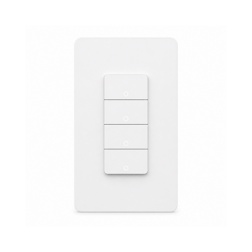 Interrupteur WiFi Matter NéoMatter Push Comfort US blanc à quatre canaux sur fond blanc.