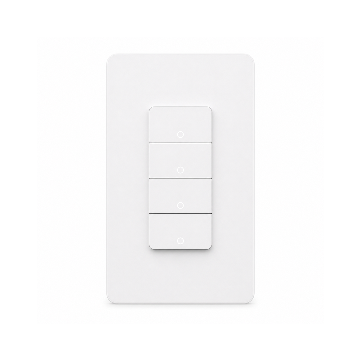 Interrupteur WiFi Matter NéoMatter Push Comfort US blanc à quatre canaux sur fond blanc.