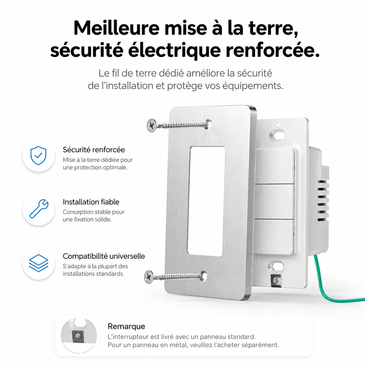 NéoMatter Push Comfort US, mise à la terre renforcée avec plaque métallique, isolation fiable et compatibilité universelle.