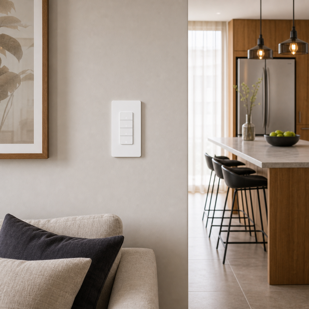 White NéoMatter Push Comfort US switch installed on a modern living room wall