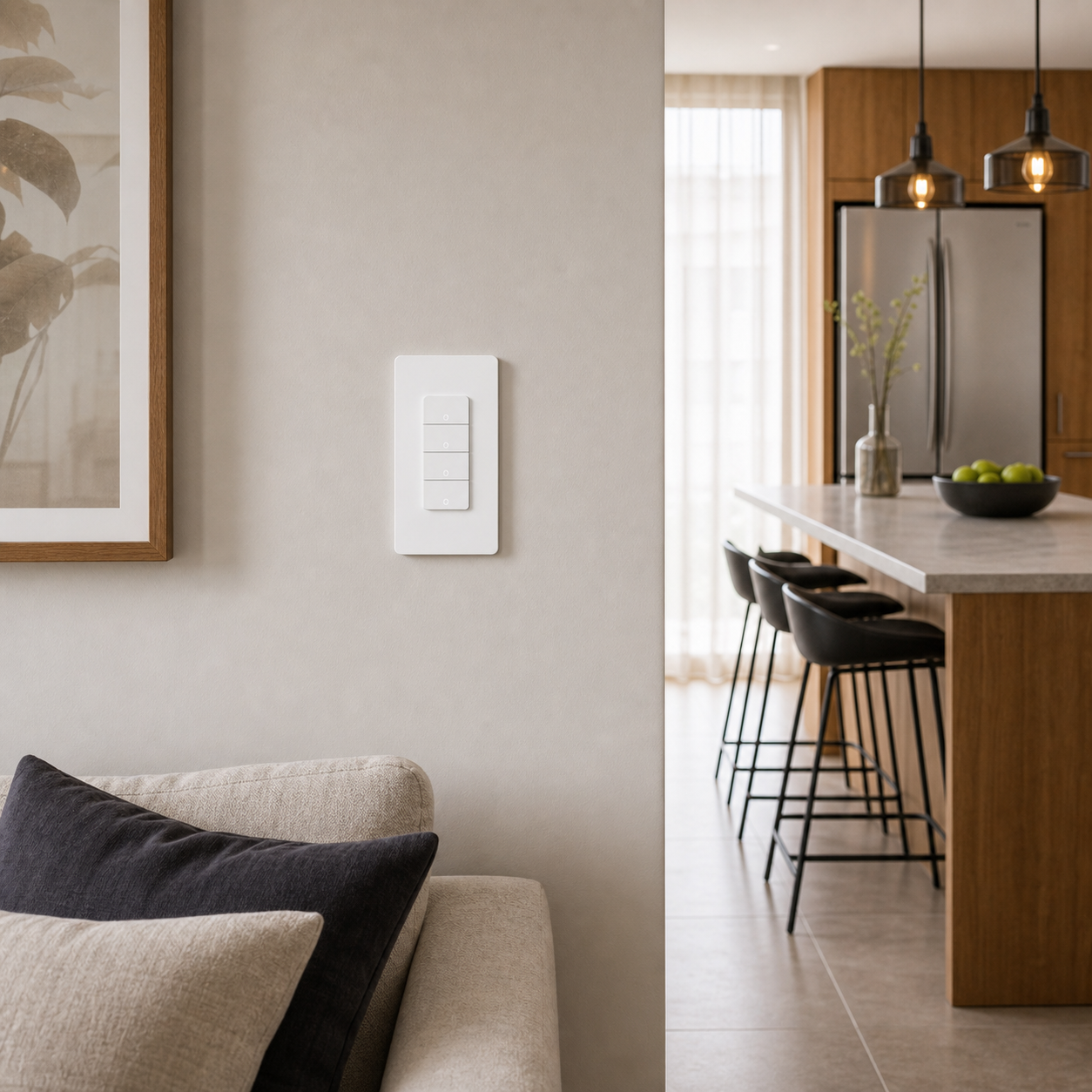 White NéoMatter Push Comfort US switch installed on a modern living room wall