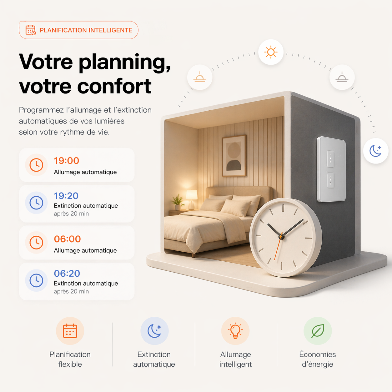 NéoMatter Push Comfort US, planning intelligent pour programmer les horaires de confort et les routines d'éclairage.