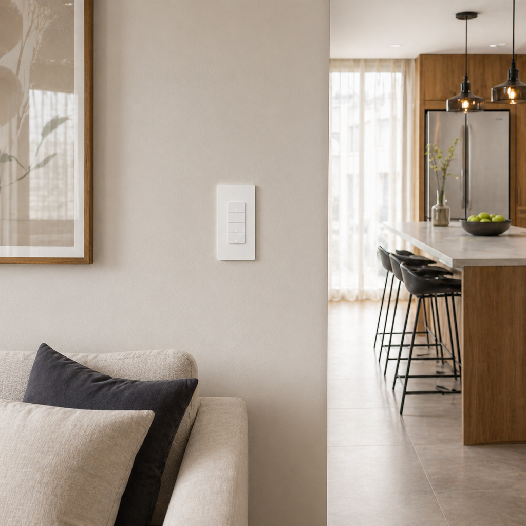 NeoMatter Push Comfort US, interrupteur mural blanc salon.