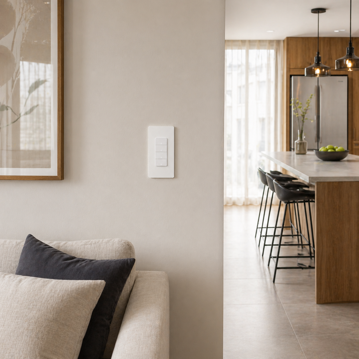 NeoMatter Push Comfort US, interrupteur mural blanc salon.