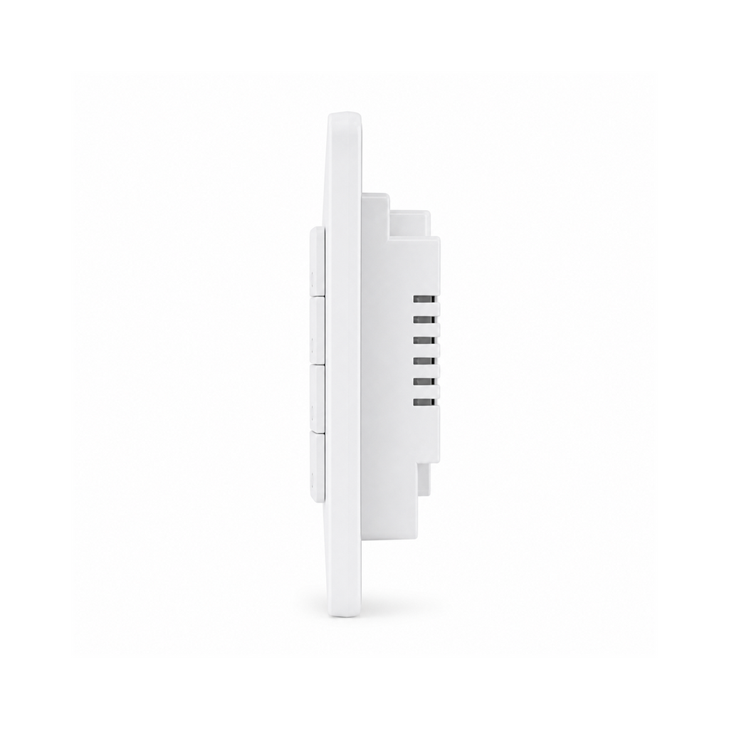 Vue latérale de l’interrupteur NéoMatter Push Comfort US blanc avec module arrière sur fond blanc.
