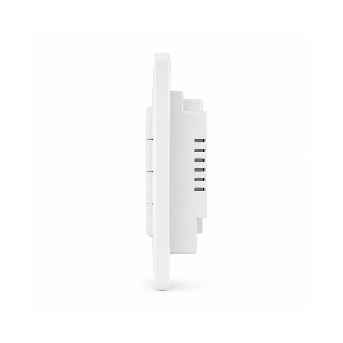 Vue latérale de l’interrupteur NéoMatter Push Comfort US blanc avec module arrière sur fond blanc.