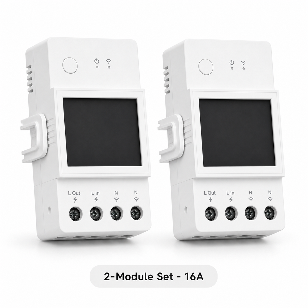 Studio packshot of two 16A WiFi DIN rail energy meter modules