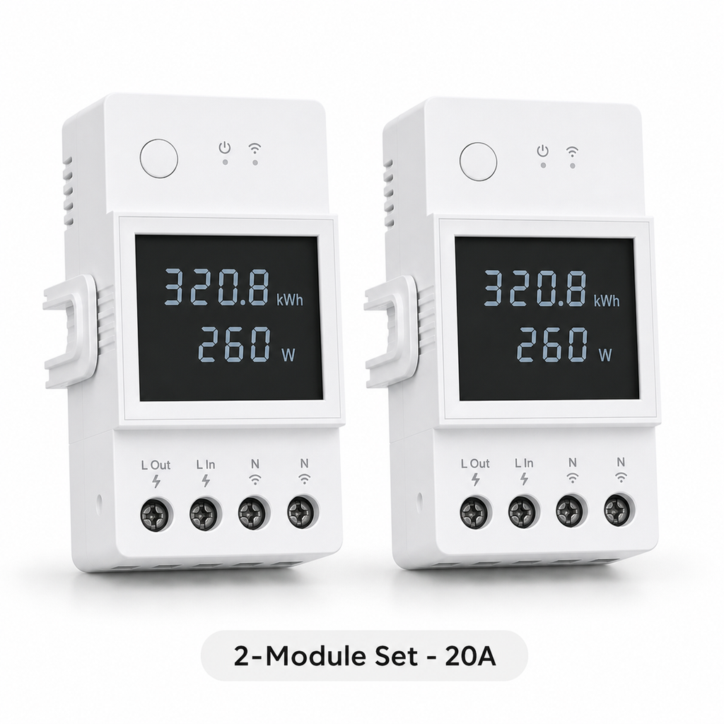 Studio packshot of two 20A WiFi DIN rail energy meter modules