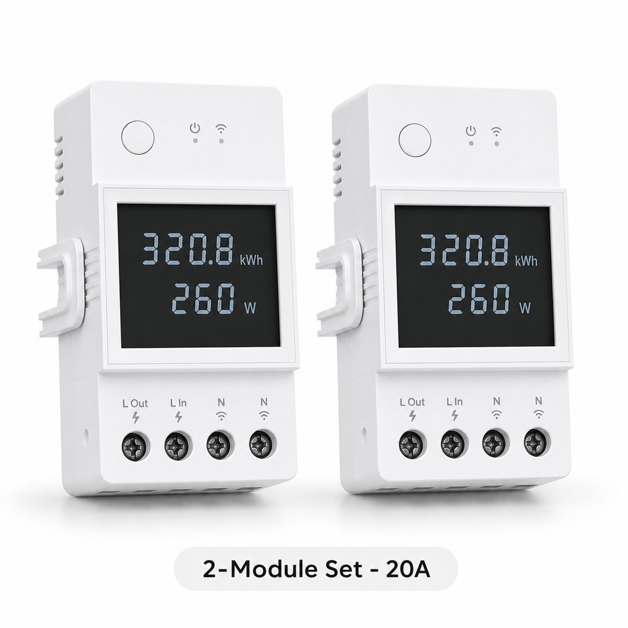 Studio packshot of two 20A WiFi DIN rail energy meter modules