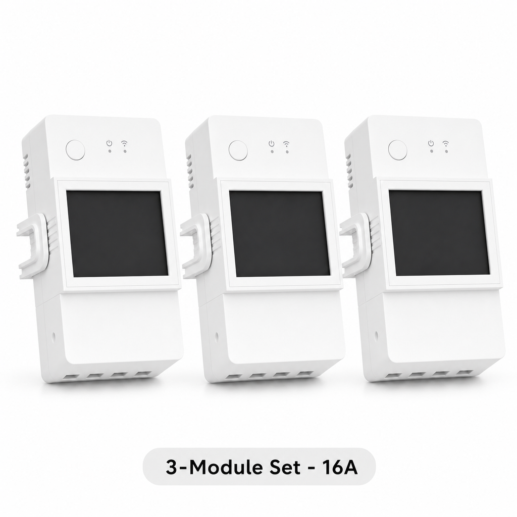 Studio packshot of three 16A WiFi DIN rail energy meter modules