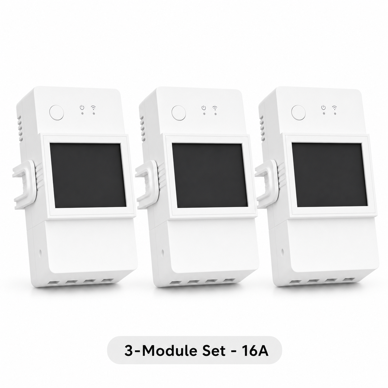 Studio packshot of three 16A WiFi DIN rail energy meter modules