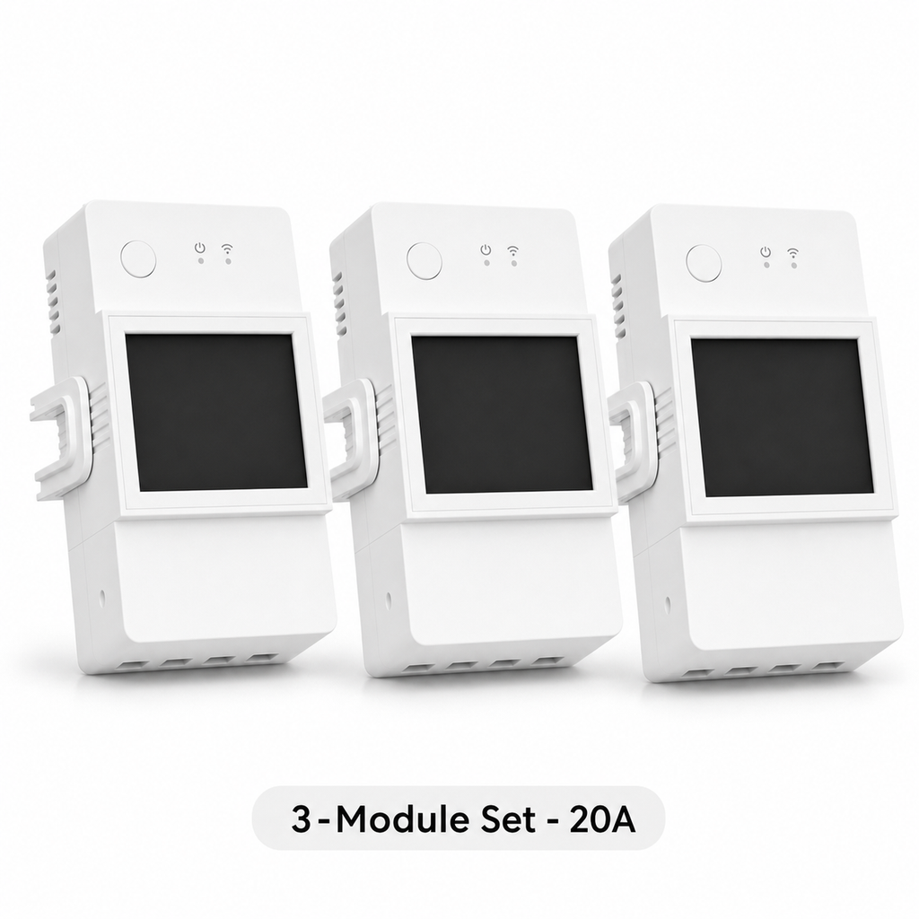Studio packshot of three 20A WiFi DIN rail energy meter modules