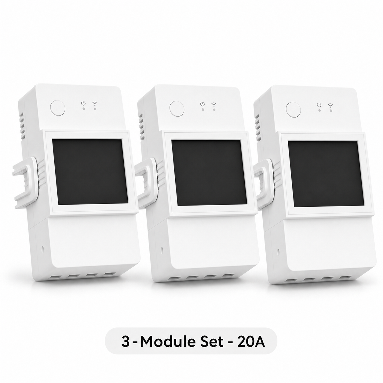 Studio packshot of three 20A WiFi DIN rail energy meter modules
