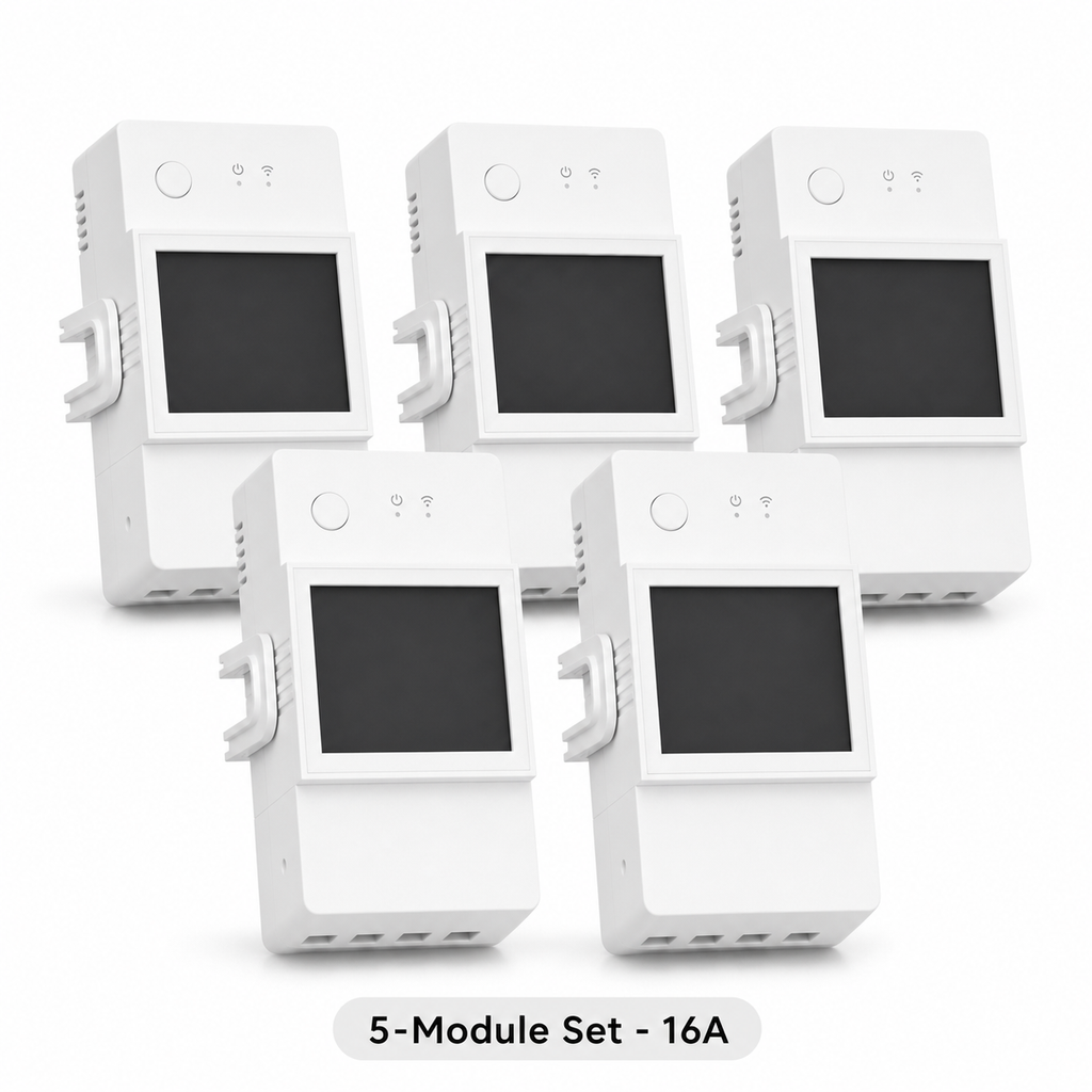 Studio packshot of five 16A WiFi DIN rail energy meter modules