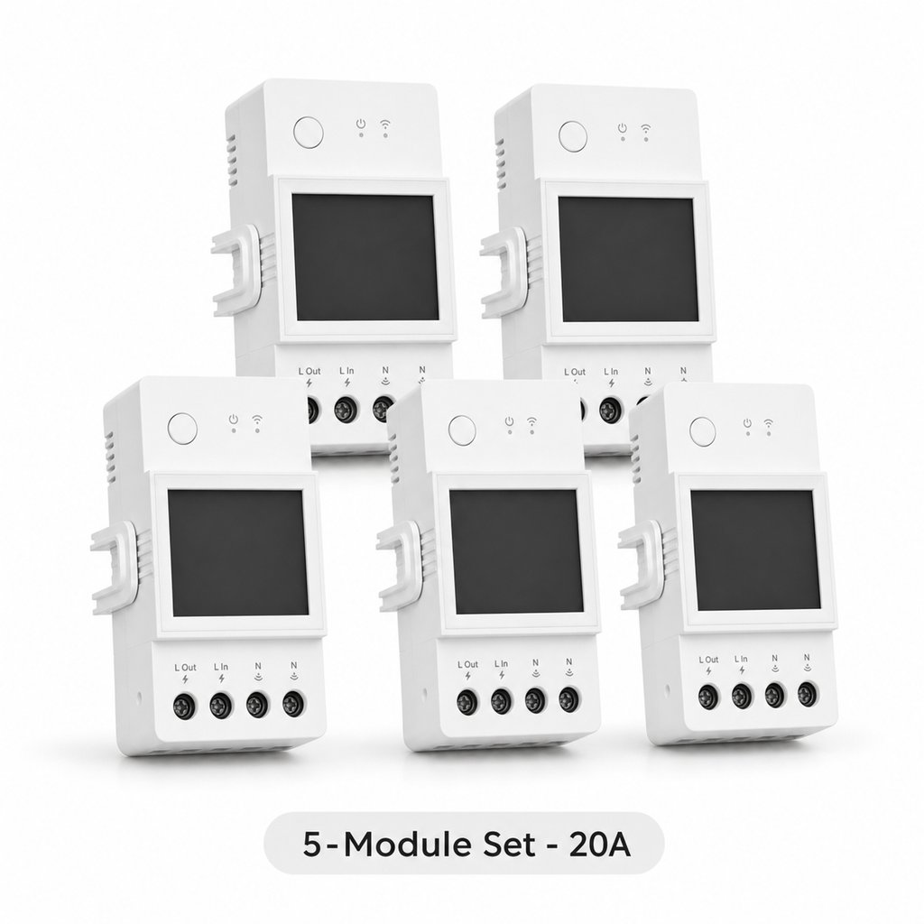 Studio packshot of five 20A WiFi DIN rail energy meter modules