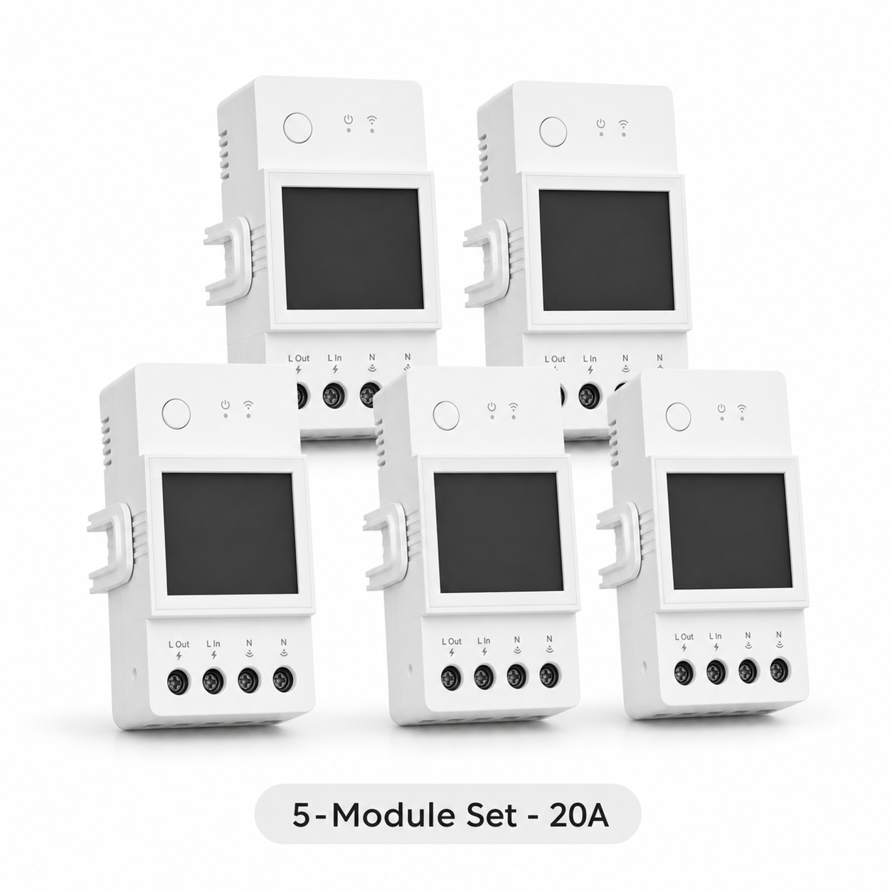 Studio packshot of five 20A WiFi DIN rail energy meter modules