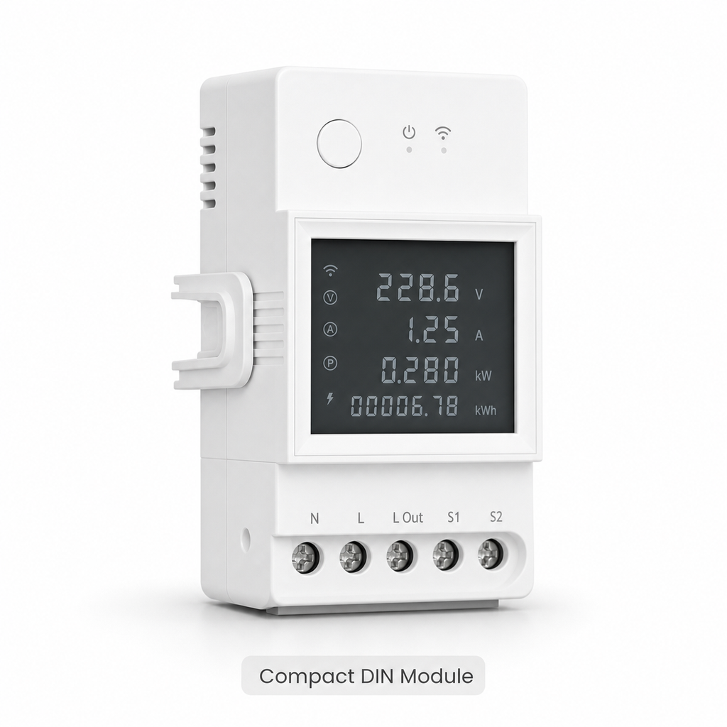 Compact DIN rail WiFi energy meter module with LCD display