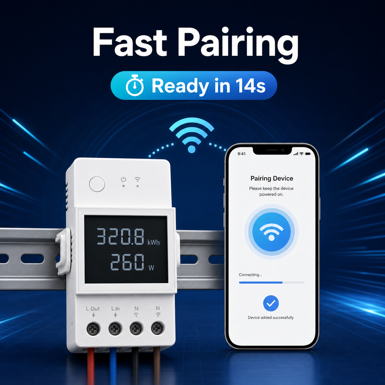Fast pairing visual for WiFi DIN rail energy meter module