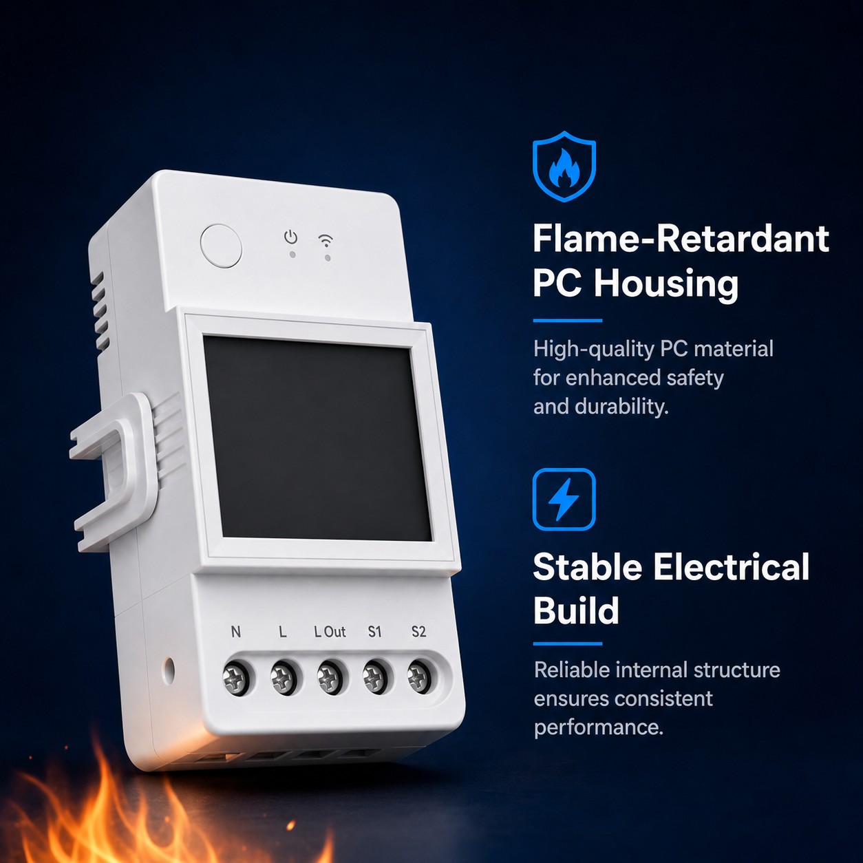 Flame-retardant PC housing feature for WiFi energy meter module