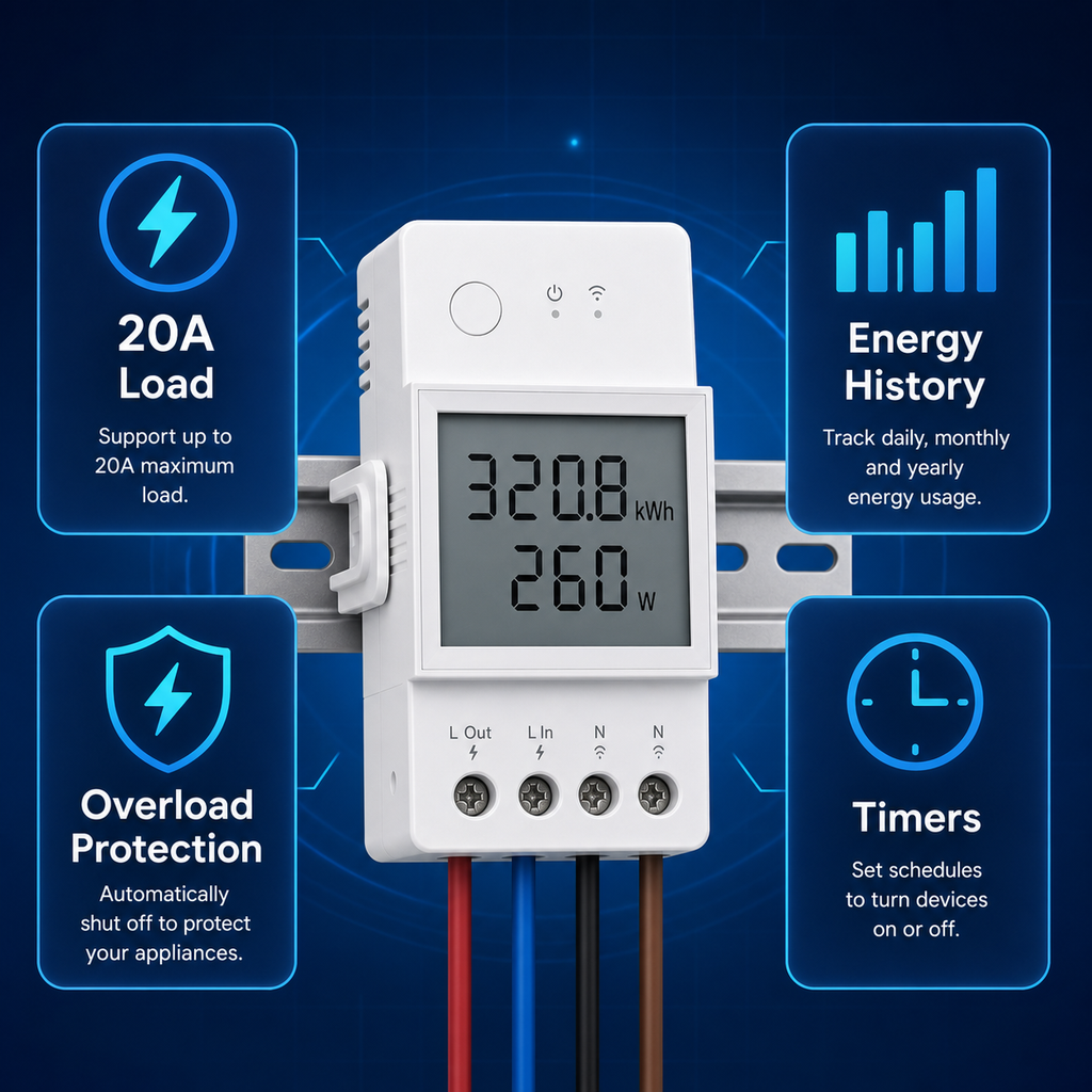 Four feature infographic for WiFi energy meter with timers and protection