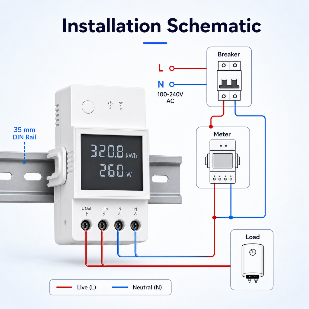Installation schematic of WiFi energy meter on 35 mm DIN rail