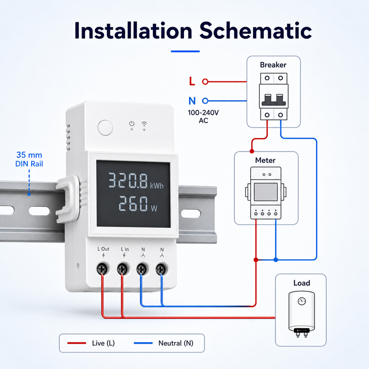 Installation schematic of WiFi energy meter on 35 mm DIN rail