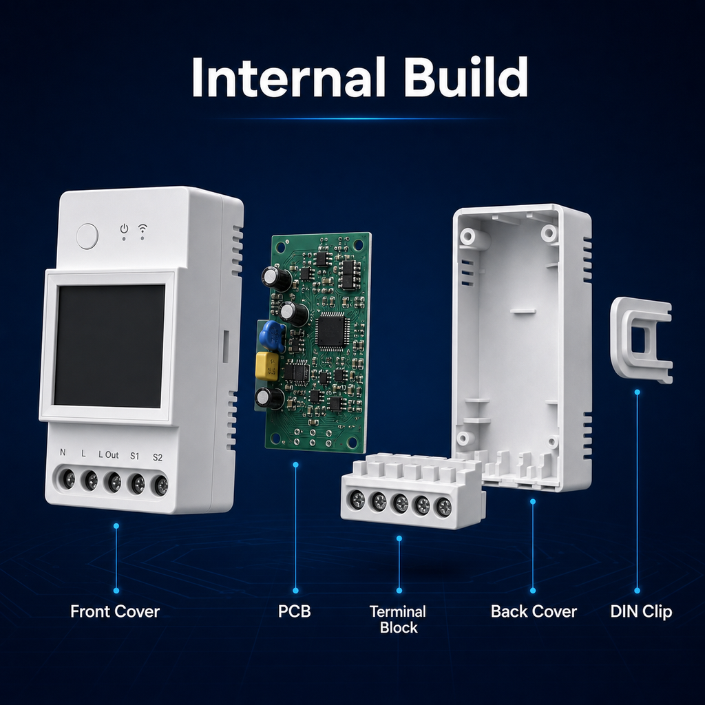 Exploded view of WiFi DIN rail energy meter internal build