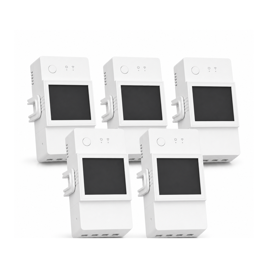 Lot de 5 modules Wi-Fi NéoMeter Power Pro 16A sur fond blanc