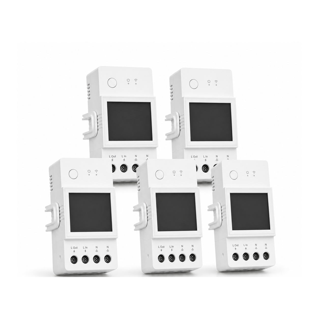 Lot de 5 modules Wi-Fi NéoMeter Power Pro 20A sur fond blanc