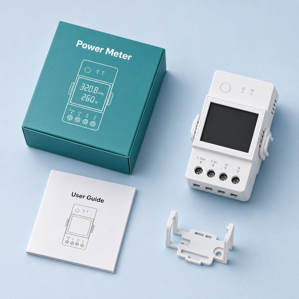 Package contents with WiFi energy meter module user guide and DIN rail accessory