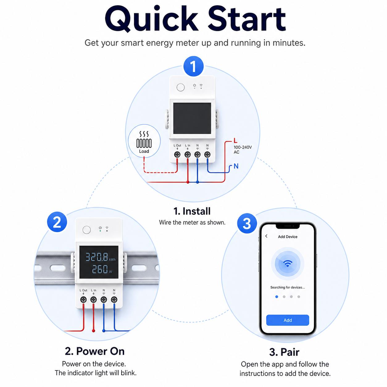 Quick start setup steps for WiFi DIN rail energy meter