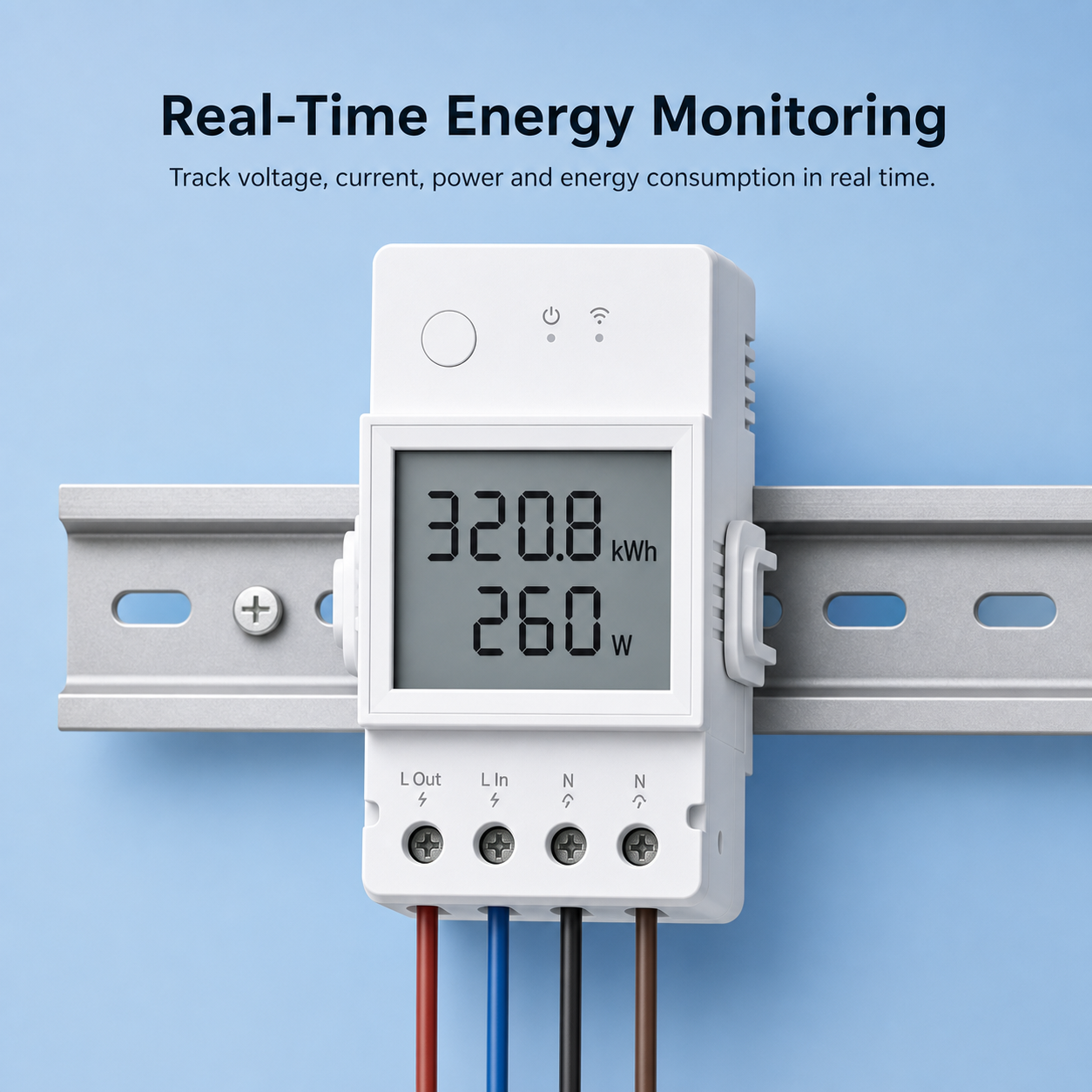 DIN rail energy meter showing real-time kWh and watt readings