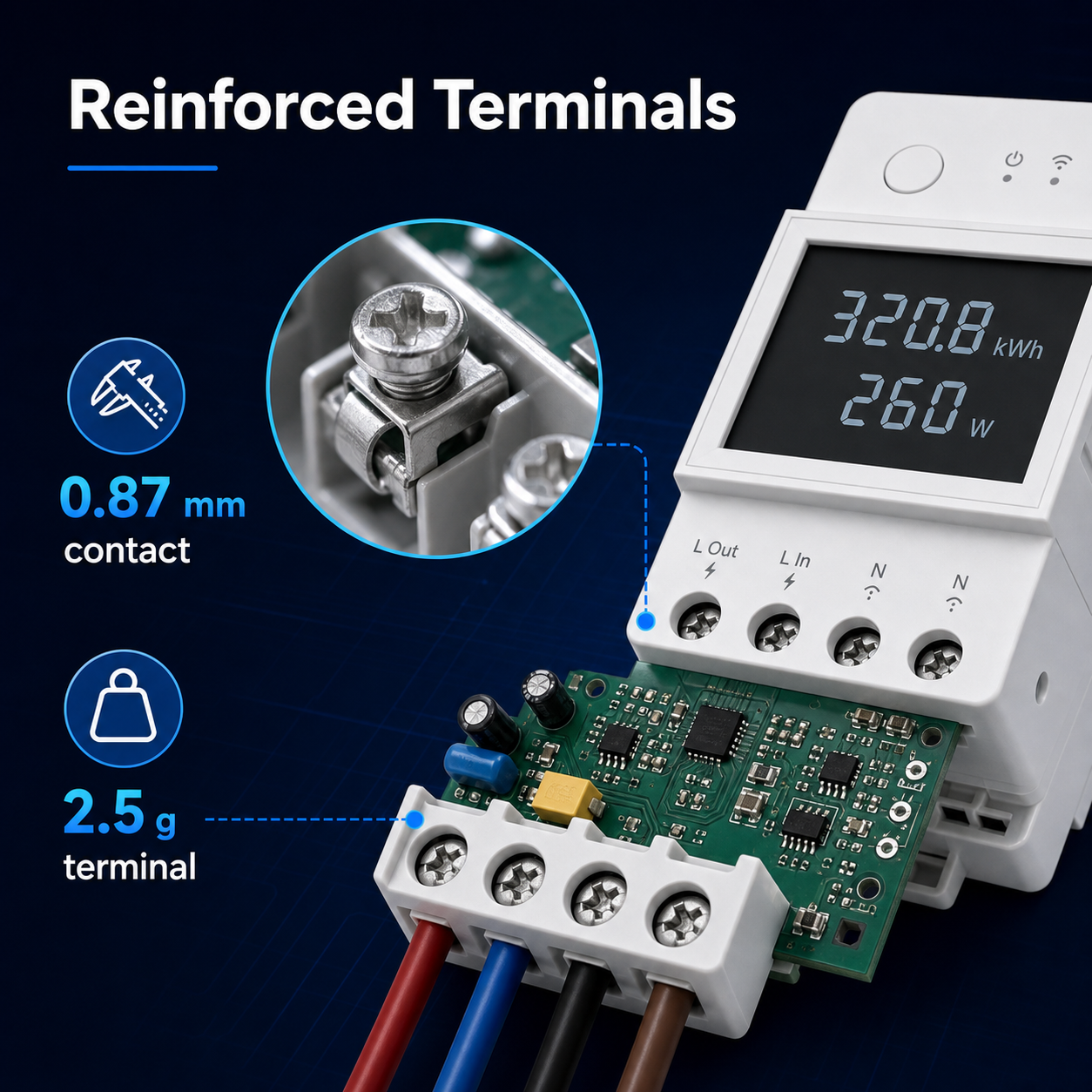 Reinforced terminal block detail for WiFi energy meter module